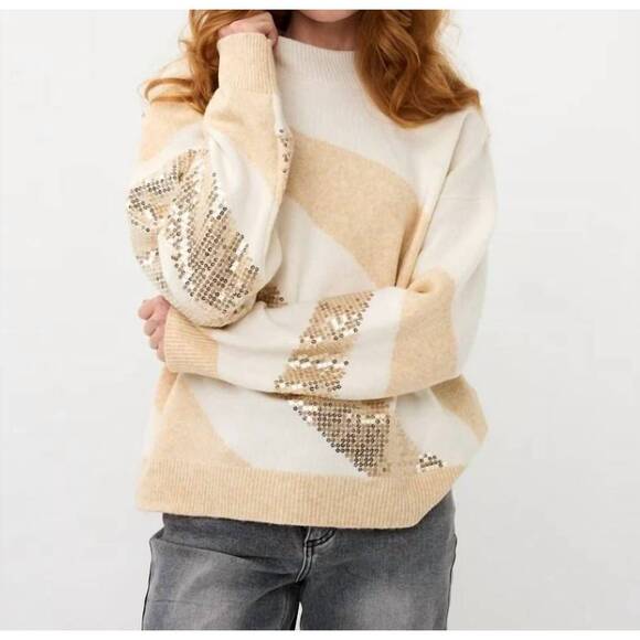 NEW ESQUALO diagonal sequins sweater in off white/ sand